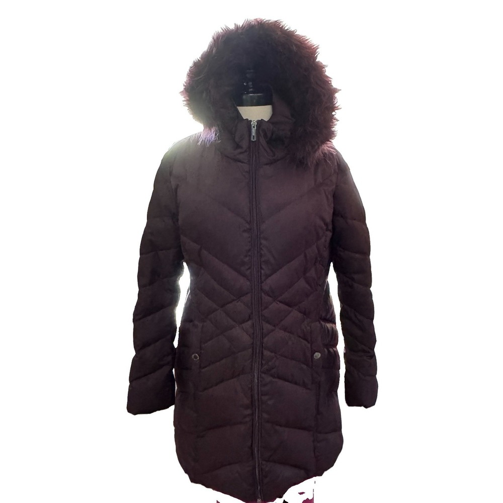Kenneth Cole Reaction Faux Fur Hooded Puffer Coat Jacket Plum Rum Raisin Sz L